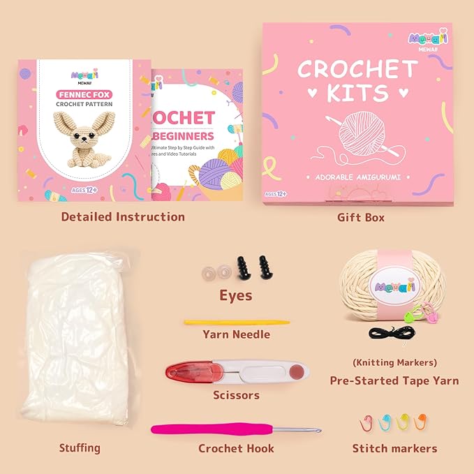 Mewaii Crochet Kit for Beginners Level 1 with 40% Extra Eco-Friendly Pre-Started Easy Yarn, Step-by-Step Video Tutorials for Adults and Kids (Fennec Fox)