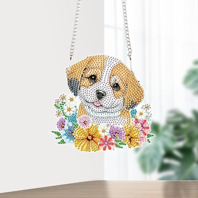 AiYuanzsh DIY Dog Diamond Art Hanging Kit, Floral Special-Shaped Acrylic Rhinestone Diamond Painting Pendant Ornament for Home, Garden, or Wall Decor Gift