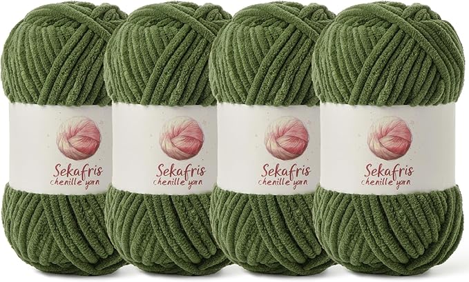4 Pack Chunky Chenille Yarn for Crocheting, Baby Yarn for Crocheting Soft Blanket, 349.9 yds /14.1 oz Crochet Yarn, Bulky 5 Amigurumi Yarns, Fluffy Velvet Yarns for Knitting Crafts (4 Army Green)