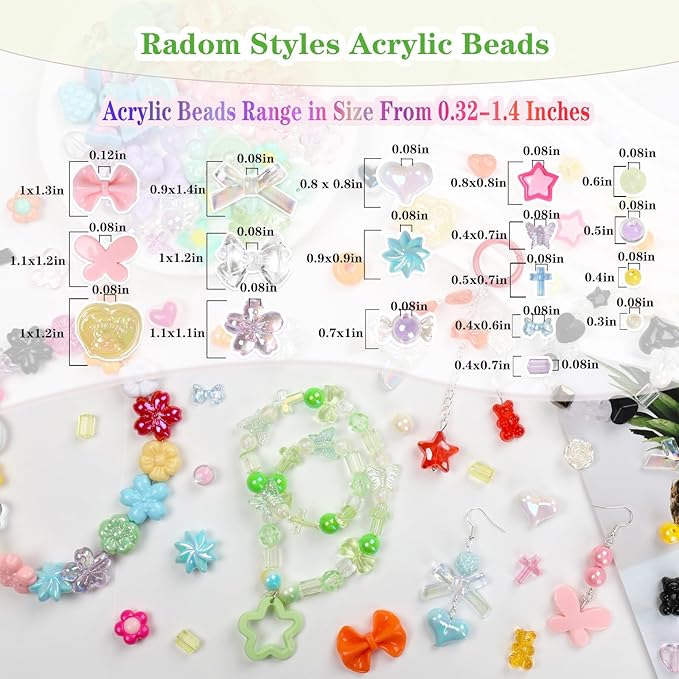 HSONAIGEE 300-360 Pieces Acrylic Beads for Bracelet Making, Assorted 6 Colors Cute Beads Charms Jewelry Making Kit Flower Heart Gummy Bear Star Beads for DIY Crafts Phone Charms