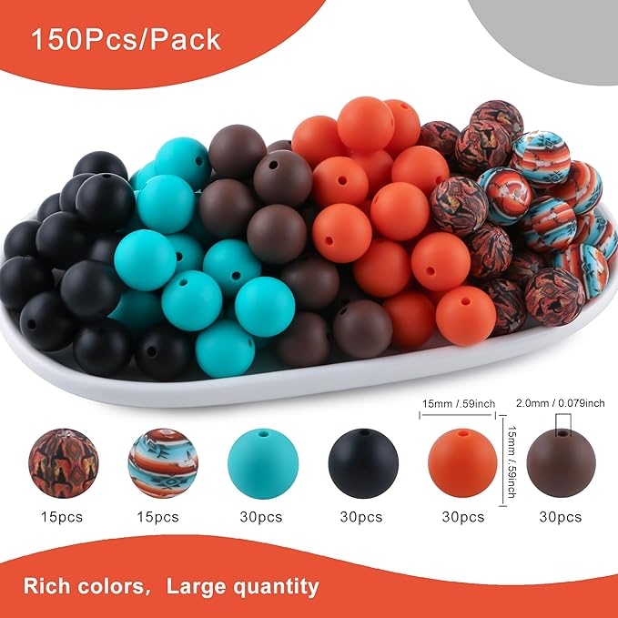 150Pcs Mixed Color 15mm Silicone Beads for Keychain Making, Turquoise Orange Black Print Silicone Beads for Pens and Bracelet Jewelry Making