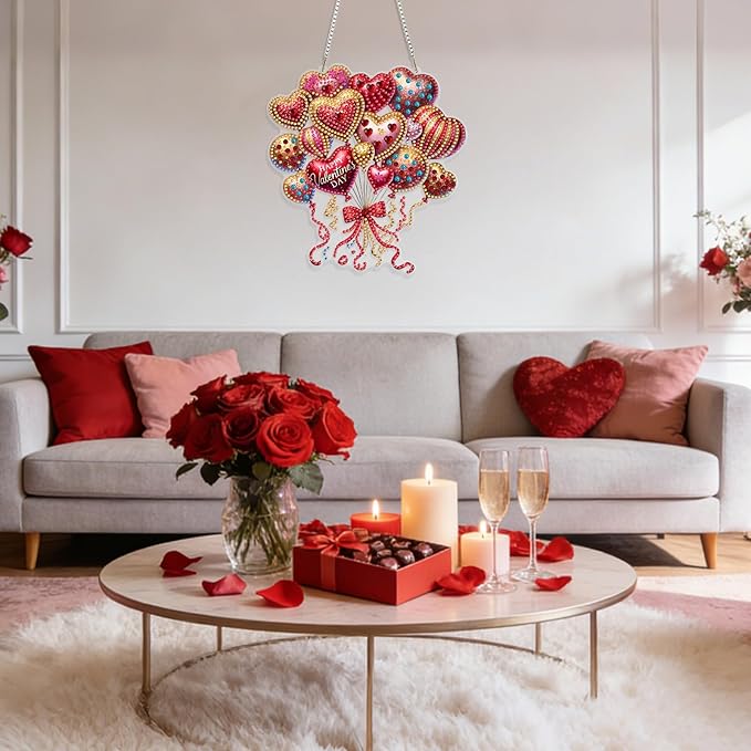 GHHKUD Heart-Shaped Balloon Diamond Art Hanging Kit for Adults, DIY Double Sided Diamond Painting Hanging Valentines Kits Adults, Special Shaped Acrylic Ornaments Pendants for Window Home Garden Wall