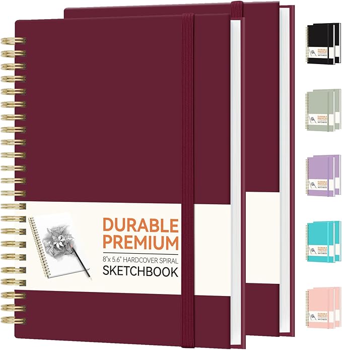 forvencer 2 pack blank spiral notebook, 8"x 5.6"hardcover sketch book, 100gsm thick paper, art sketchbook for women & adult, 100 pages / 50 sheets pages drawing book journal for school office drawing, burgundy