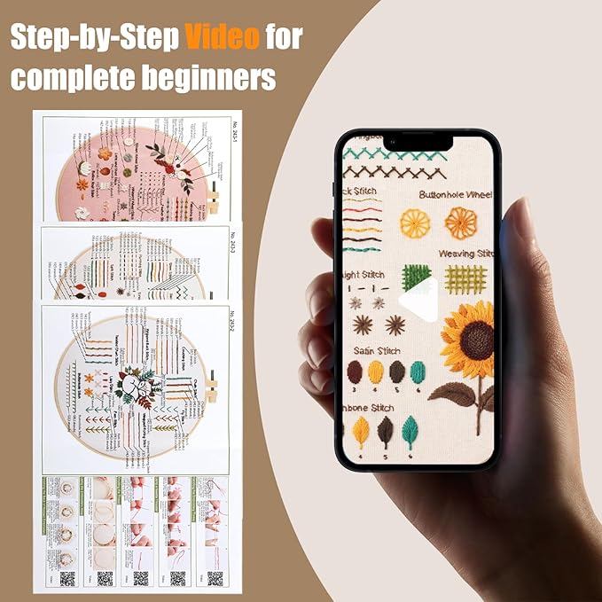hi-yomilaugh 3 pack beginner embroidery kit & cross stitch kits for adults, needles & tools, easy needlepoint set with step-by-step instructions & video tutorial (floral garden)