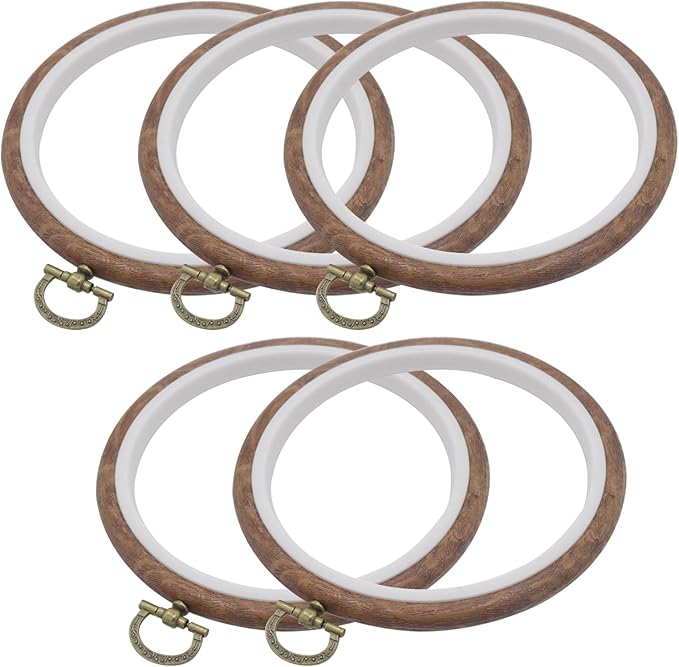 joyangy 5 pcs 5 inch embroidery hoops, round imitated wood cross stitch hoop rings for art craft sewing, circle display frame kits for embroidery handy diy ornaments decoration