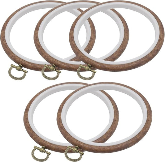 joyangy 5 pcs 5 inch embroidery hoops, round imitated wood cross stitch hoop rings for art craft sewing, circle display frame kits for embroidery handy diy ornaments decoration