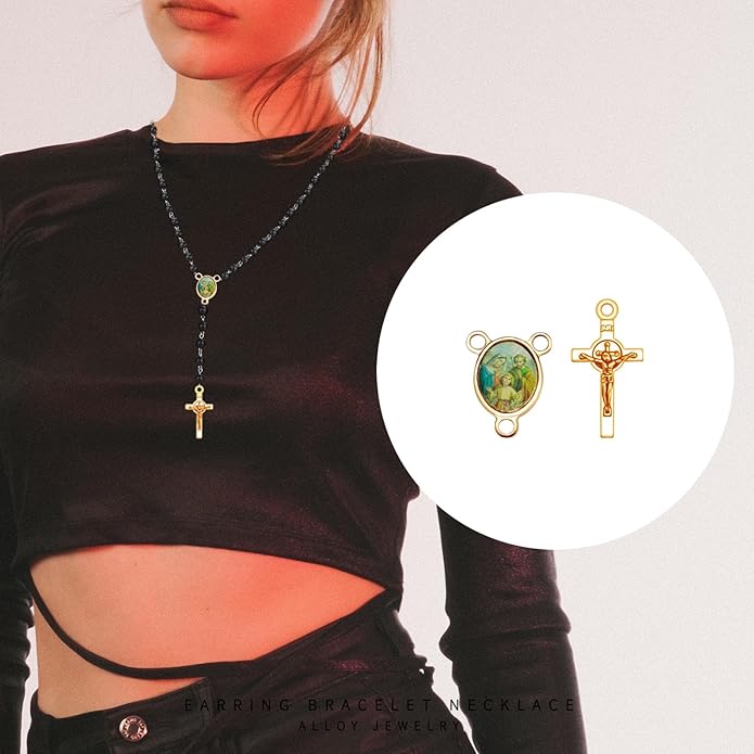 60Pcs/30Sets Rosary Making Kits Supplies Alloy Religion Cross and Center Medal Charms Pendant Oval Chandelier Links for Diy Prayer Necklace Jewelry