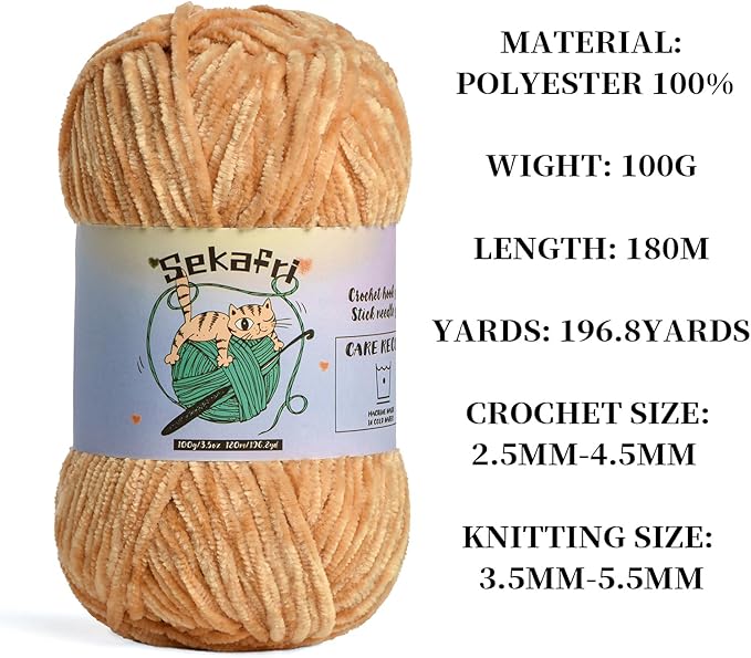 3 Pack of 300g (590yds) Fuzzy Chenille Yarn for Crocheting,Fluffy Amigurumi Crochet Yarn for DIY Craft/Hat/Clothes, Soft Velvet Baby Blanket Yarns（3 Khaki）