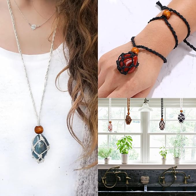 ZYNERY 9 Pcs Crystal Necklace Holder, Adjustable Crystal Holder in S M L, Woven Cage Necklaces for Jewelry Making DIY Crafts Accessories Stone Holder Necklace Cord Black, Brown, White