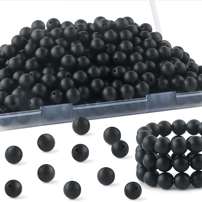 160Pcs 12mm Silicone Beads for Keychain Making Bracelet Necklace, Bulk Round Silicone Beads for Pens（Black）
