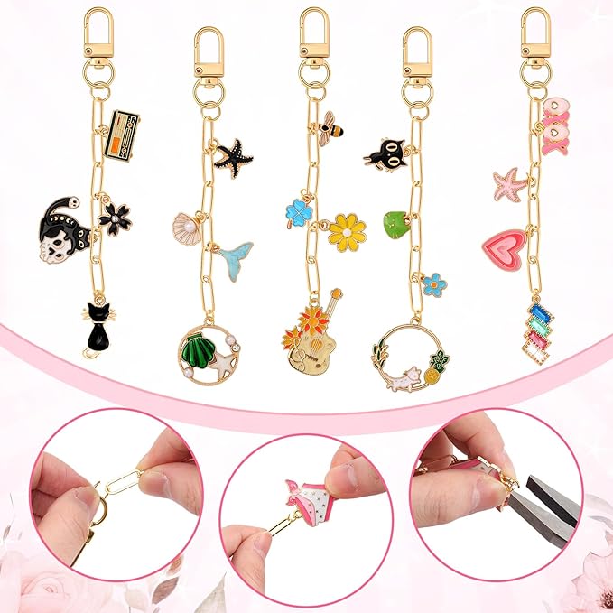 Tondiamo 286 Pcs Gold Keychain Making Kit Bulk Bag Charm Kit 120 Charms 20 Keychain Clips with Key Ring Swivel Snap Hook Lobster Claw Clasps 120 Jump Ring 25 Extender Chain Jewelry Plier DIY Craft