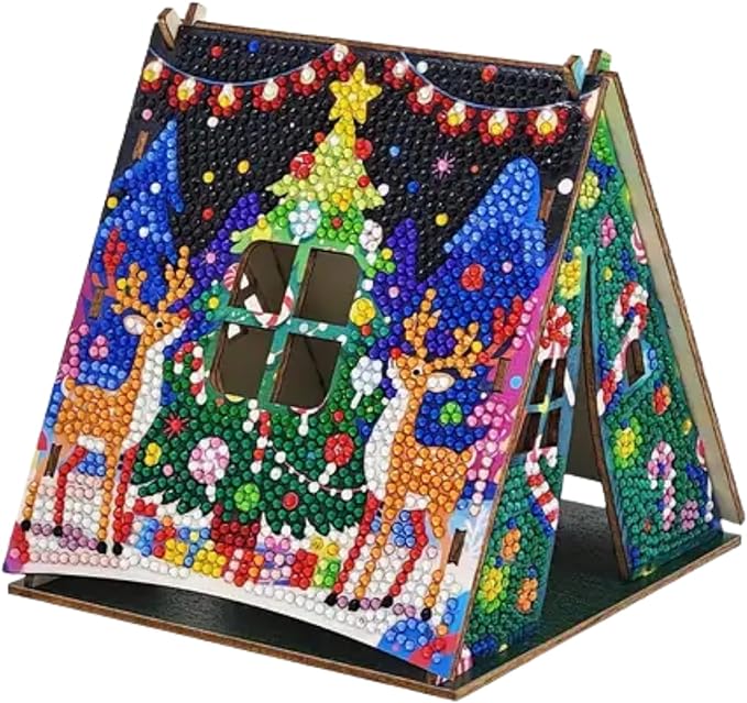 Party Ready 3D Diamond Painting Tent Craft Kit with LED Lights – Full Drill Crystal Mosaic Wood Puzzle, DIY Holiday Decorative Art for Home Display (Christmas Reindeer)