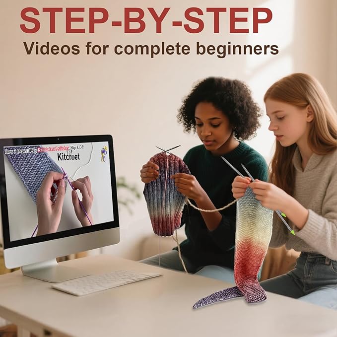 kitcroet knitting kit for beginners, complete beginner knitting kit including knitting needles set, soft gradiant cake yarn, learn to knit scarf, beanie, mittens with step by step video tutorials, new