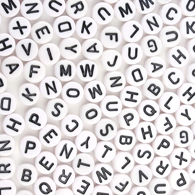 Song Xi 1200pcs White Round Acrylic Alphabet Beads - Black Letter Beads 4x7mm for Bracelets and Jewelry Making Key Chains