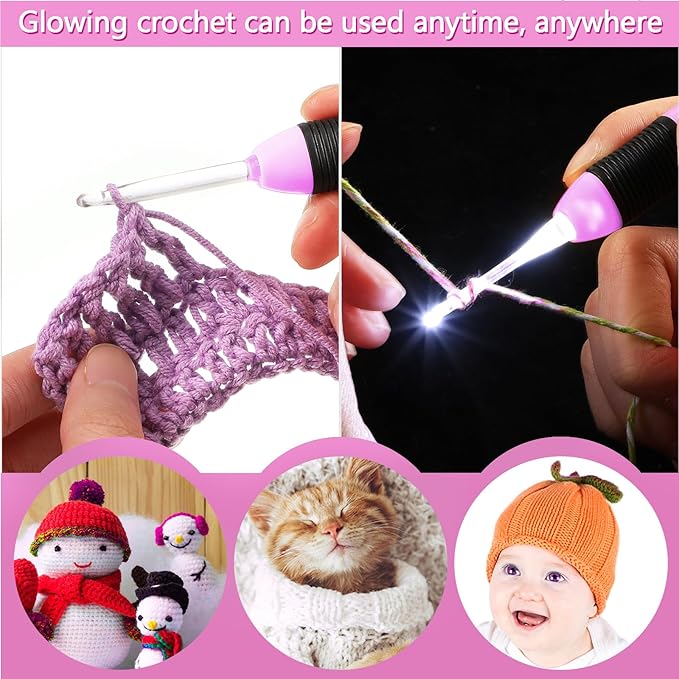 Chuangdi 9 Pieces Lighted Crochet Hooks with Case 9 Size LED Light Crochet Hooks Set Knitting Needles Craft Yarn Weaving Needles Comfortable Smooth Handle for Knitting, 2.5 mm-6.5 mm(Pink)