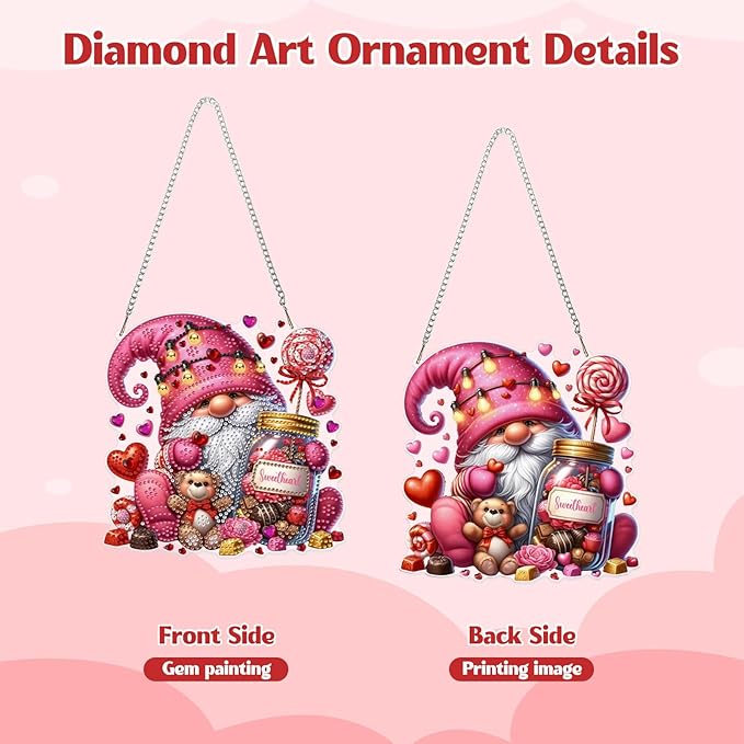 GHHKUD Gnome Diamond Art Hanging Kit for Adults, DIY Double Sided Diamond Painting Hanging Valentines Lollipops Kits Adults, Special Shaped Acrylic Ornaments Pendants for Window Home Garden Wall