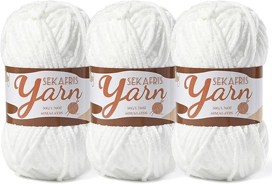 3 Pack Fluffy Velvet Yarn for Crocheting，Baby Blanket Yarn for Crocheting Soft，150g(196.8yds) Amigurumi Yarns，Plush Chenille Crochet Yarns，Puzzle Yarn for Crochet Weaving Craft(3 Snow White)