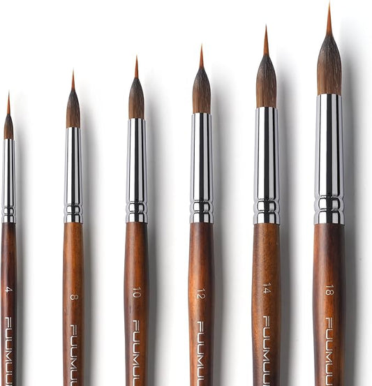 Watercolor Brushes Professional, Fuumuui 6Pcs Extended Needle Point Brushes Synthetic Extra Long Pinhead Brush with Sable Body for Fine Detailing - Watercolor Acrylic Gouache Inks Painting