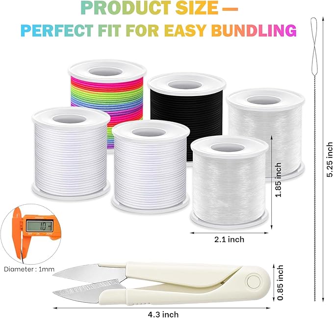 8pcs Elastic String Bracelet Making Kit, Stretchy Bracelet String (786 ft Total), 6 Rolls 1mm Stretch Cord with Scissors & 0.6mm Needle Threader for Beading and Jewelry Making.