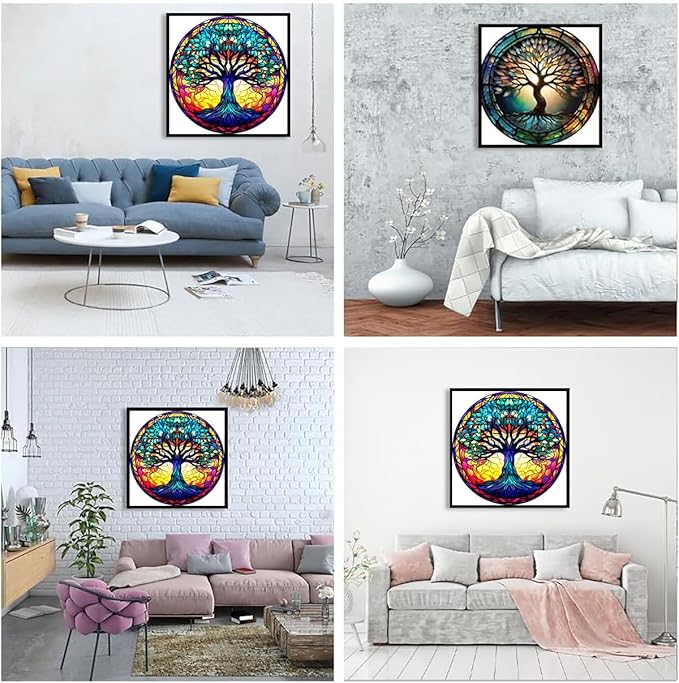 Meothan 5D Stained Glass Diamond Painting Kits for Adults, Tree of Life Diamond Art Kits for Adults Beginners, Tree Diamond Painting Full Round Drill Crafts Kit for Home Wall Decor Gift 12x12in