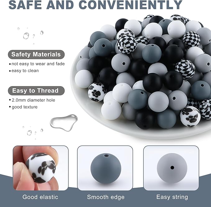 150Pcs Mixed Color 15mm Silicone Beads for Keychain Making, White Black Print Silicone Beads for Pens and Bracelet Jewelry Making