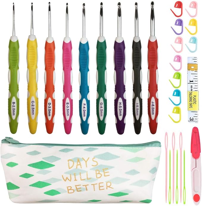 Latest Set of 27 PCS Ergonomic Crochet Hooks Set with Case Extra Long Soft Grip Handles Crochet Hook Needles for Arthritic Hands,Standard US Size B(2MM)-J(6MM)