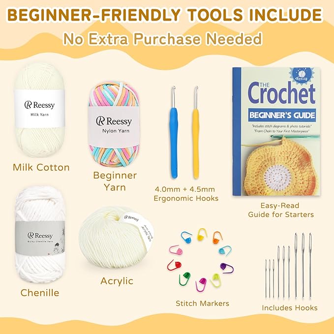 Reessy Crochet Yarn Kit for Beginners – 4 Yarns Sampler Pack (Acrylic, Cotton, Velvet Chenille, Beginner Yarn) with Hooks & Accessories – All-in-One Crochet Starter Kit for Beginners Adults (C)