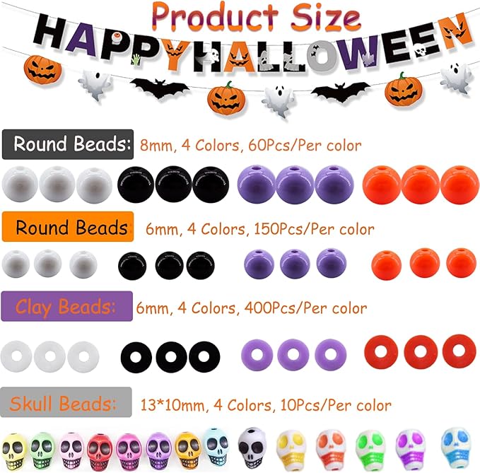 2480Pcs Halloween Beads for Jewelry Making, Halloween Bracelet Making Kit Skull Beads Polymer Clay Beads Heishi Beads 6mm 8mm Black White Orange Purple Round Beads for Bracelets Necklace Charm