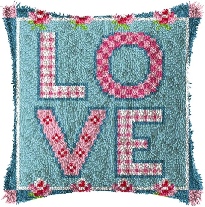 DL-YTG DIY Latch Hook Kits Throw Pillow Love Cover Rug Pattern Color Printed Canvas 16X16 inch, Crochet Needlework Crafts for Adults