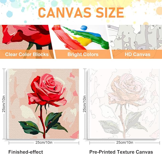 Offito Framed Paint by Numbers Kit for Adults Beginners & Kids Ages 8-12, Rose Flower Acrylic Easy Paint by Number with Frame, Paint by Number Kits on Canvas Framed (10 * 10 Inch, Without Easel)