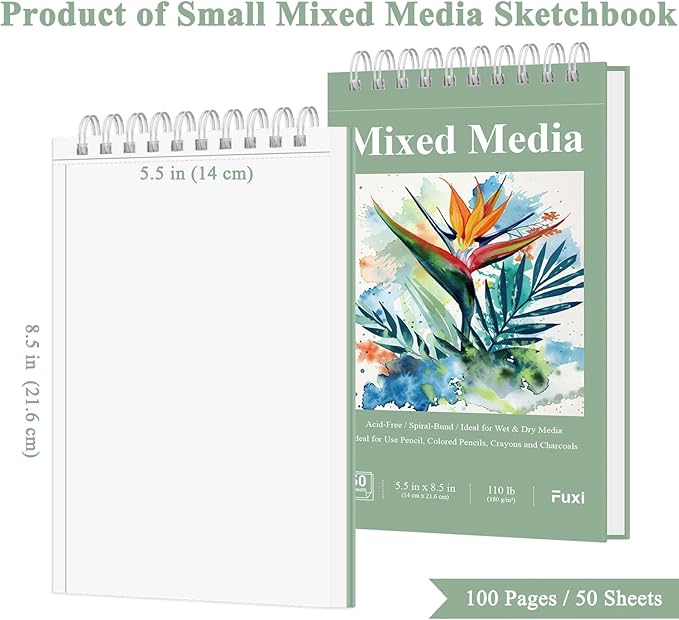 Fuxi Small Mixed Media Sketchbook, 2-Pack - 5.5" x 8.5" | 110lb/180gsm Mixed Media Paper for Watercolor, Acrylic, Ink, Pencil, 50 Sheets Per Pad.