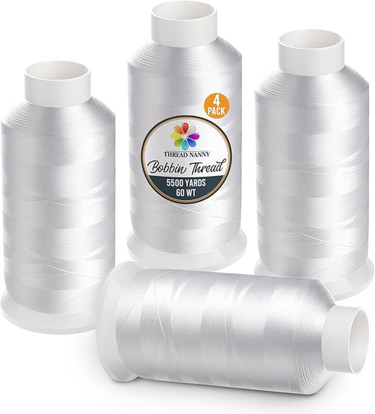 New ThreadNanny 4 Extra Large Spools of White Bobbin Thread - 5000 MTS Each