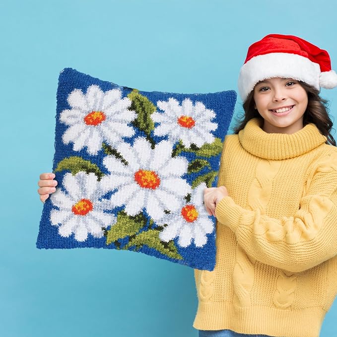 LAPATAIN Latch Hook Kits for DIY Throw Pillow Cover,Daisy Needlework Cushion Cover Hand Craft Crochet for Great Family 17x17inch