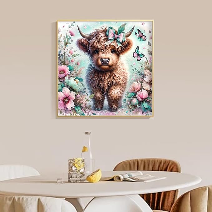 Camocin Diamond Art Kits for Adults Highland Cow, 5D Highland Cow Diamond Painting Kits for Adults Beginners, DIY Flowers Full Round Dots Drill Gem Art Kit for Gift Home Wall Decor 14 x 14 Inch