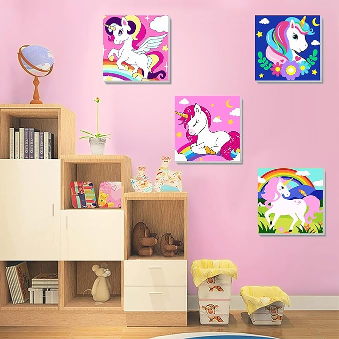 4 Pack Cartoon Paint by Number for Kids with Wooden Frame, Cartoon Paint by Numbers for Kids Ages 4-8-12, Easy Painting with Numbers DIY Acrylic Oil Painting Kits for Home Wall Decor (8X8 inch)