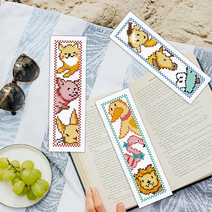ORIGACH 6 Set Animals Cross Stitch Bookmark Kit for Beginner with Backing Felt Floss Instructions DIY Stamped Embroidery Bookmark Kit for Adults, Book Lovers