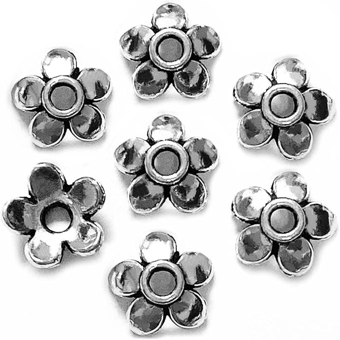 Heather's cf Flower Bead Caps Custom Fancy Charm Jewelry Making Spacer Kit Findings Bulk Vintage for Bracelets Earrings Necklaces Rings Beading Supplies Craft Non Tarnish DIY (Silver Petal - 500 Pcs)