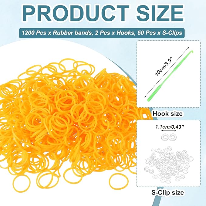 MECCANIXITY 1200 Pcs Loom Rubber Bands Kit with 50 Pcs S-Clips 2-Hooks Rubber Bands Refill Bracelet Making Kits for Weaving DIY Handcrafts Gift, Fluorescent Orange