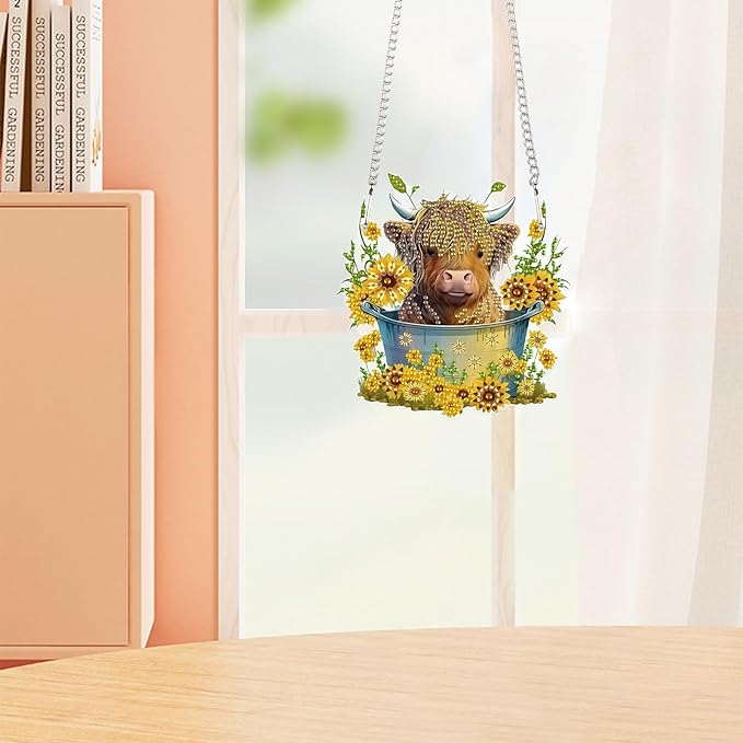 AiYuanzsh Diamond Painting Ornament 5D DIY Diamond Art Animal Cow and Sunflower Creative Design Handmade Acrylic Pendant Mosaic Making Kits by Number Kits Home Decoration Pendant