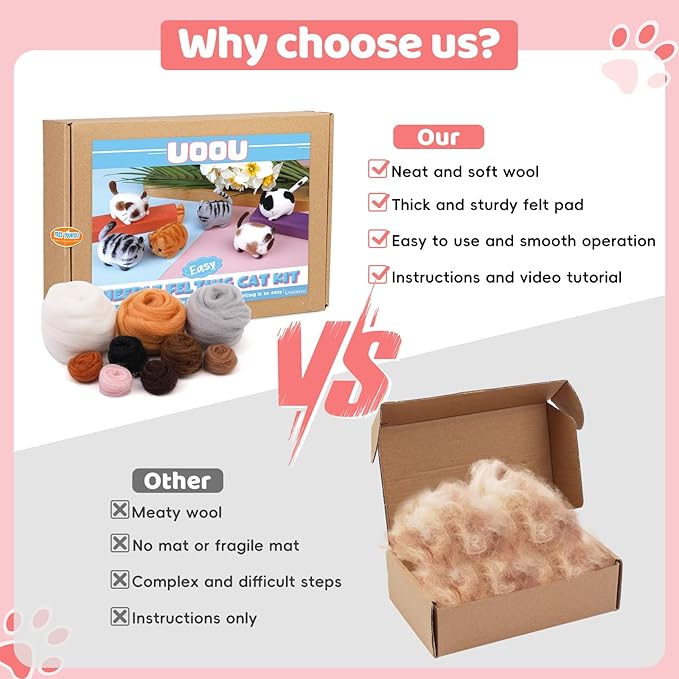 UOOU Felting Kit, Needle Felting Kits for Beginners Adult, Needle Felting Supplies with 24Pcs Felting Needles, Felting Pad, Wool Roving, DIY Needle Felting Cat Dolls