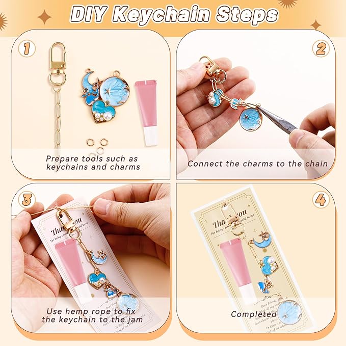 wurosi 52 set lip gloss keychain making kit, gold keychain clips hooks with extender chain, gift bags, thank you cards, 5m hemp rope, for diy key chain making crafts
