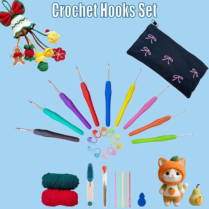Crochet Hooks Set,Crochet Needles with Case Yarn,Ergonomic Crochet Hooks with Soft Grip Handles,9 Sizes from 2mm-6mm,Crochet Kit for Beginners DIY Dolls Bags Clothes Blanket Handmade Flowers (Bow)