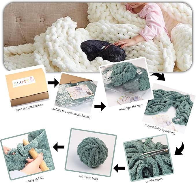 SUNTQ 8 Pack Chunky Chenille Yarn for Crocheting, Bulky Thick Fluffy Yarn for Hand Knitting Blanket, Soft Plush Knitting Yarn for Cushions, Pet Bed,Home Decor, Mint Green(32 yds,8.8 oz Each Skein)