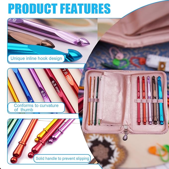 Mdoker Latest Inline Crochet Hook Set with Case Aluminum Ergonomic Crochet Hooks,Non-Slip Hooks for Arthritic Hands,Nice Gift for Women,3mm-10mm
