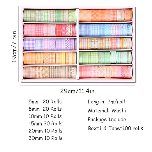 Lattice Washi Tape Set, 100 Rolls Masking Tape, 5/8/10/15/20/30mm Wide 6.56ft Long/Roll Aesthetic Decorative Tape, Scrapbooking Bullet Journal Supplies, Gifts for Girls Boys
