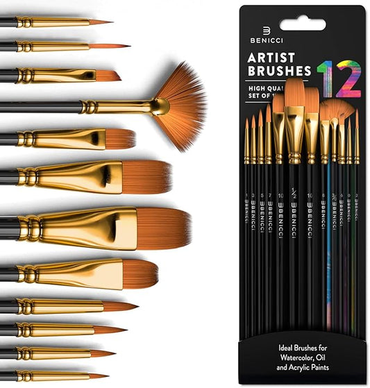 Professional Artist Paint Brush Set of 12 - Painting Brushes Kit for Kids, Adults Fabulous for Canvas, Watercolor & Fabric - for Beginners and Professionals - Great for Water, Oil or Acrylic Painting
