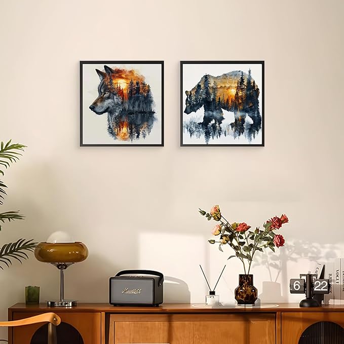 2 Pack Paint by Number for Adults Beginner, Bear Painting by Number Kit, Wolf Easy Acrylic Painting by Number on Canvas, Animal Paint by Numbers for Home Wall Art Decor with frame (11.8x11.8Inch)