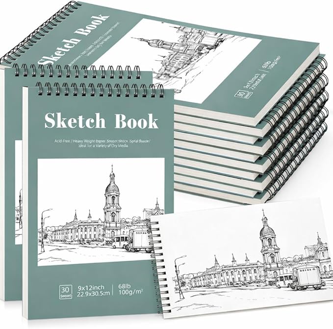 12 pack sketch book, 9 x 12 inch sketchbook, 68lb/100gsm top spiral bound sketch pad, acid free art supplies drawing painting sketching paper for adults, beginners, artists (30 sheets each)