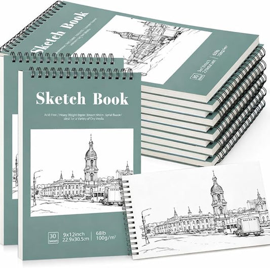 12 pack sketch book, 9 x 12 inch sketchbook, 68lb/100gsm top spiral bound sketch pad, acid free art supplies drawing painting sketching paper for adults, beginners, artists (30 sheets each)