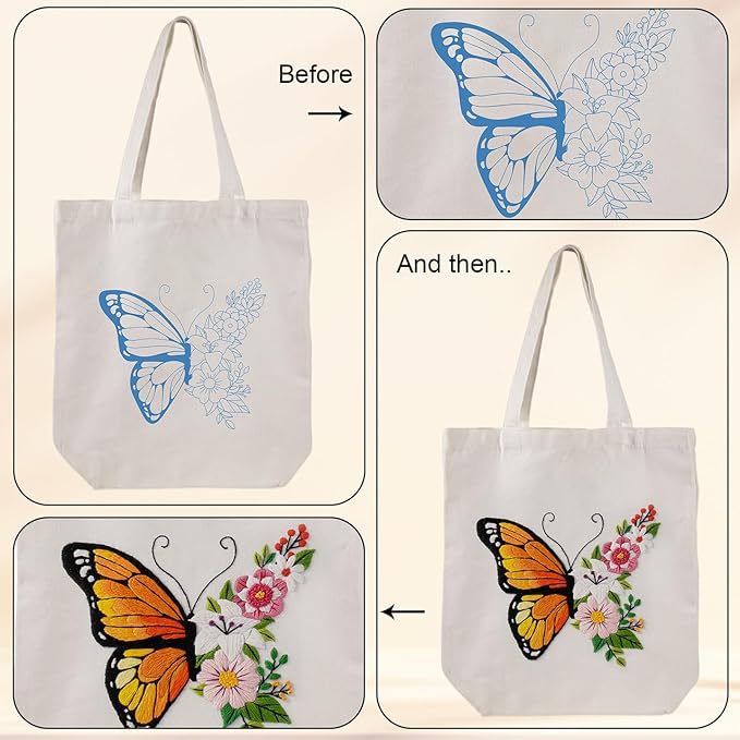 louise maelys embroidery kit canvas tote bag for beginners,cross stitch kits for adults,diy needlepoint with butterfly floral pattern,women shopping reusable grocery bags